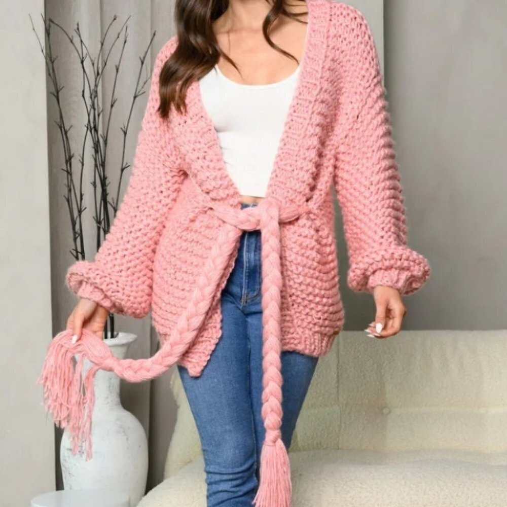 LONG SLEEVE SELF TIE OPEN FRONT KNIT SWEATER CARDIGAN pink